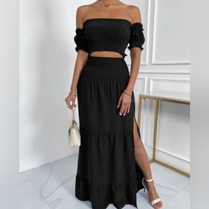 Off Shoulder Shirred Bodice Crop Top & Split Thigh Skirt Set